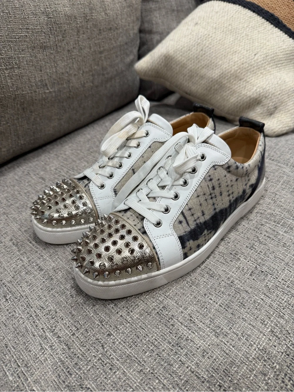 Christian Louboutin White and Silver Studded Low-Top Sneakers